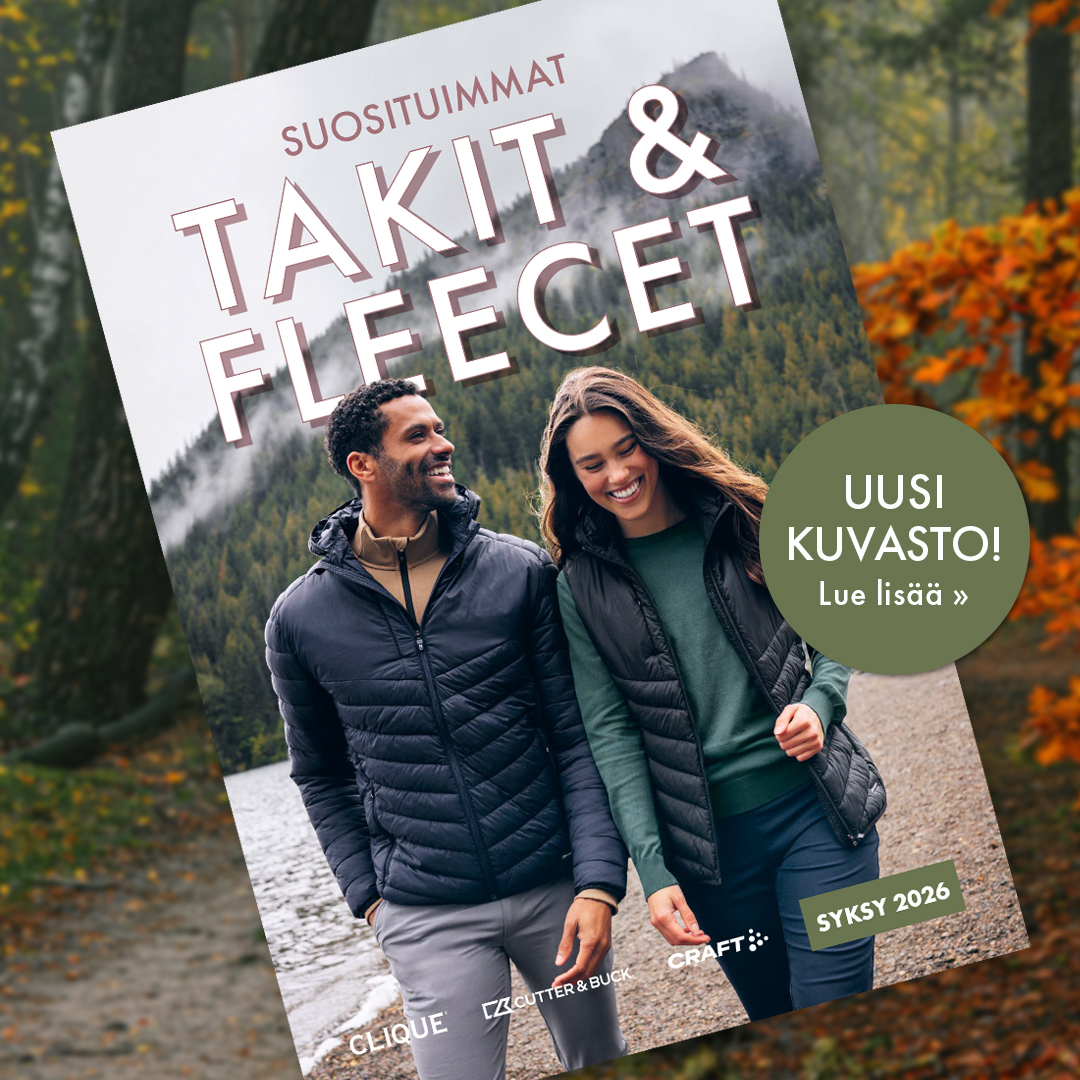 Mainoskuva vaellusparista syksyisessä metsämaisemassa, taustalla vuori ja teksti Suositut takit & fleece.